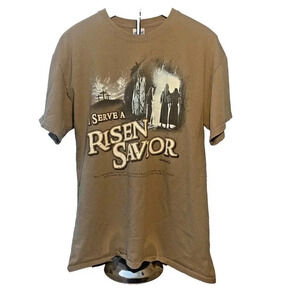 I Serve a Risen Savior Graphic Brown Short Sleeve Tee Shirt Size Lg